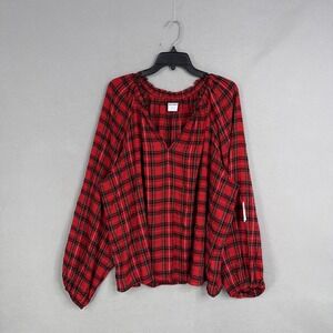 Old Navy Blouse Womens XXL Tall Red Plaid V Neck Raglan Long Sleeve Tunic Top